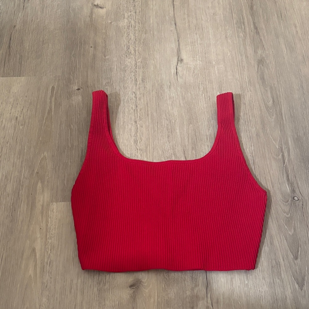 Babaton Red Ribbed Square-Neck Crop Top